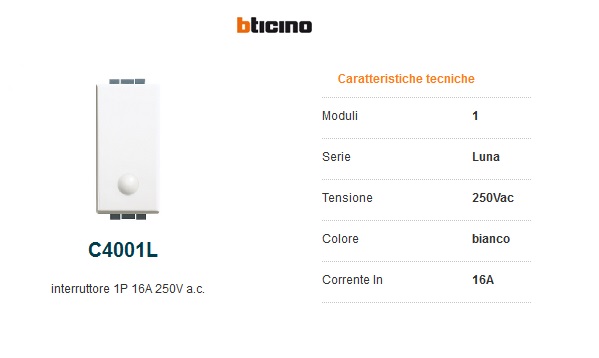 Bticino luna c4001l interruttore 1p 16a illuminabile