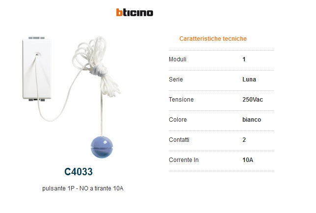 Bticino luna c4005l pulsante 1p no 10a illuminabile