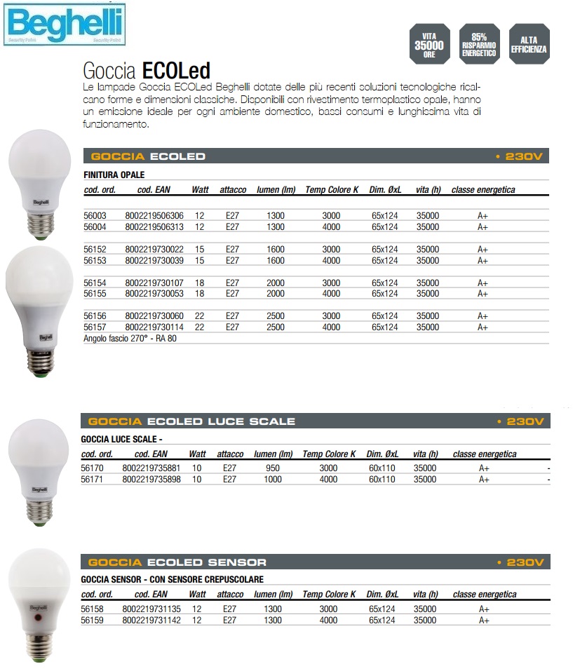 Lampadina LED E27 con sensore crepuscolare 12W Luce calda Beghelli 56158,  1300 Lumen, Resa 75W, Goccia