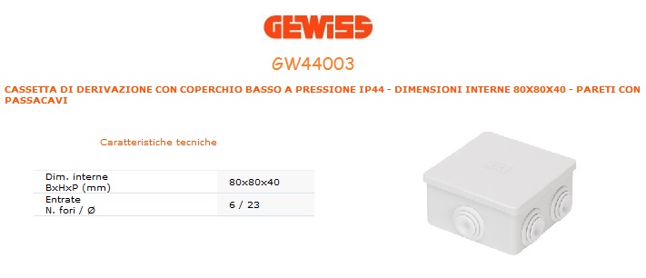 Cassetta Derivatione Gewiss GW44003 - IP44, 80x80x40mm, Con Passacavi