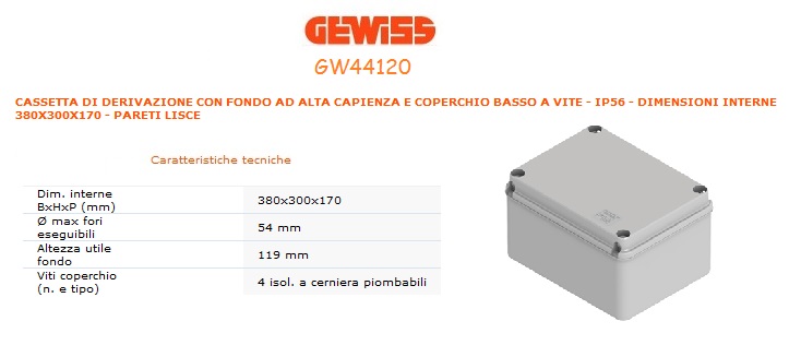 Acquista materiale elettrico e accessori online CASSETTA DERIVAZIONE GEWISS  IP56 COPERCHIO BASSO 380X300X170 GW44120