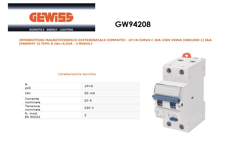 1P+20A Interruttore Magnetotermico Differenziale 'Gewiss' »