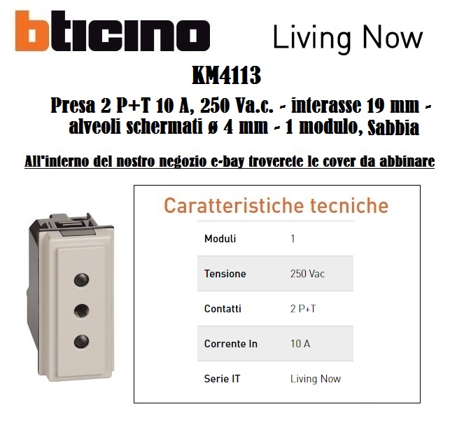 Presa BTicino Living Now 2P+T 10A bianco KW4113