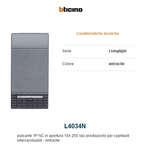 Pulsante BTicino Livinglight 1P NC 10A antracite L4034N